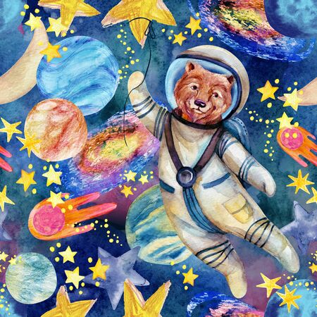 Watercolor cool bear in spacesuit, galaxy, moon, constellation on starry background. Cute animal in fantasy space: planets, comets, asteroids. Hand drawn illustration for nursery designの写真素材