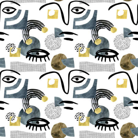 Hand drawn collage in contemprary minimal cubism style. Modern art illustration: abstract portrait, watercolor colored geometric shapes, textures, doodles, paper, scribble. Watercolor unusual artworkの写真素材