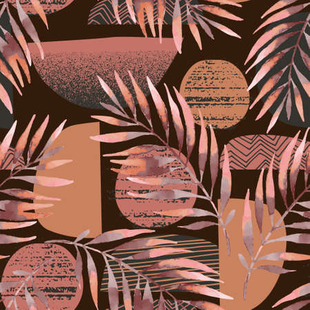Hand drawn seamless pattern in scandinavian minimal style. Modern vector illustration with tropical palm leaf on grainy grunge textures, geometric shapes, doodles background. Watercolor summer artのイラスト素材