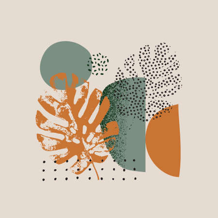 Abstract graphics summer background. Modern geo layout: geometric natural rounded shapes, grunge tropical leaf, grain texture in 80s, 90s minimal flat style. Geometric Scandinavian poster design.のイラスト素材