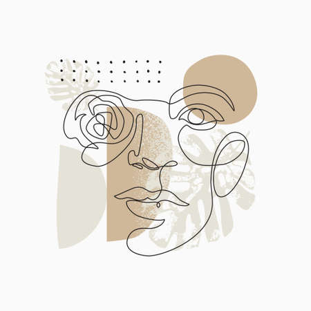 Female face one line drawing with minimal shapes, doodles, tropical leaves and flower. Abstract woman portrait illustration for fashion design, modern cover, poster, template in minimal flat styleのイラスト素材