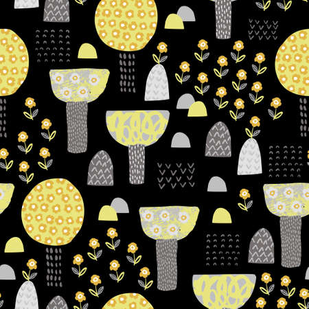 Cute garden seamless pattern. Cartoon blooming trees and flowers background. Spring concept in...