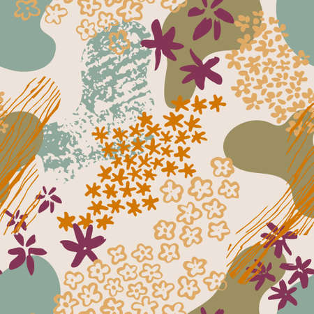 Flowers silhouettes and fluid shapes with grunge textures seamless pattern. Simple botanical illustration for wallpaper, textile, fabric, surface designのイラスト素材