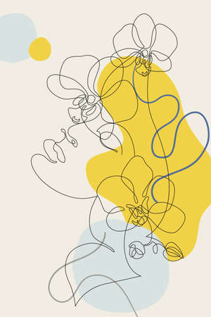 Beautiful woman continuous line art. Female portrait with minimal shape, tropical florals: orchid...