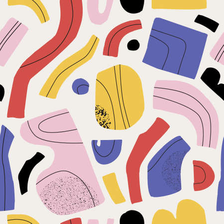 Abstract shapes, elements vector illustration. Hand drawn colorful collage seamless pattern in retro color. Organic, nature geometric cutouts with doodles, grunge texture background.のイラスト素材