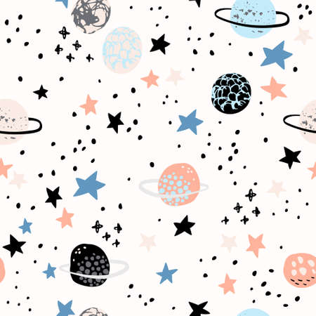 Cartoon space themed background: cute planets, moon, stars, galaxy, milky way with grunge, doodle textures. Cosmos art illustration for kids nursery wallpaper, textile designのイラスト素材