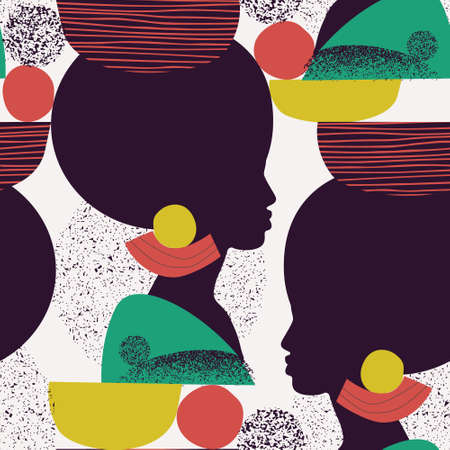 Abstract black woman profile in geometric ethnic style. Natural beauty silhouette drawing with geometrical shapes, grainy grunge texture, doodles. Vector fashion illustration. Stylish seamless patternのイラスト素材