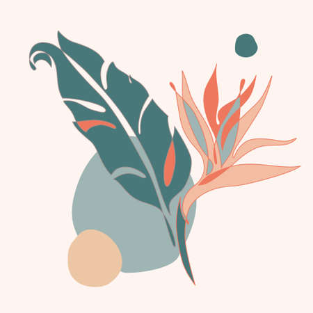 Elegant continuous line drawing. Minimal art flower and leaves isolated on white backgroud. Beautiful tropical florals illustration. Vector artwork for trendy designのイラスト素材