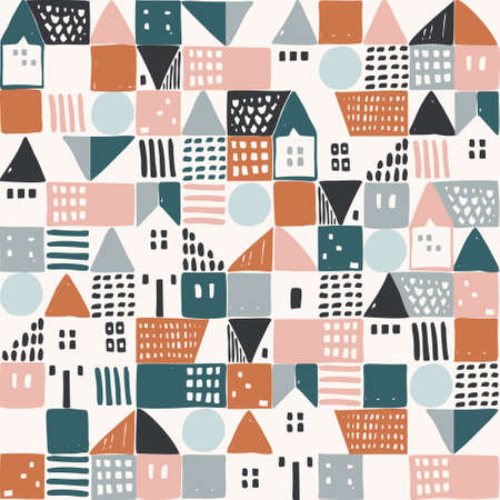 Geometric houses and hand drawn textured shapes seamless pattern. Abstract home background in childish style.のイラスト素材