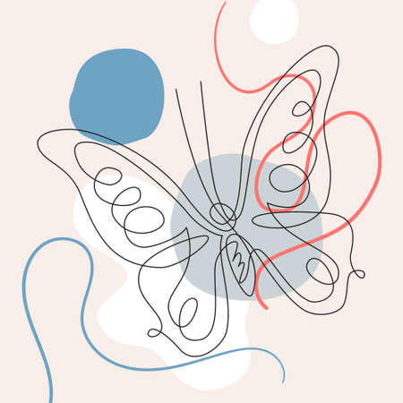 Simple butterfly one line drawing on minimal cubism shapes background. Abstract insect continuous line art. Hand drawn illustration in trendy outline style.  Sketch for modern designのイラスト素材