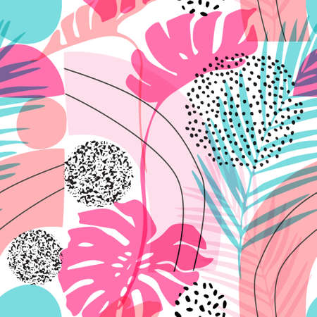 Abstract graphics summer background. Modern geo layout: geometric natural rounded shapes, tropical leaves silhouettes, grain texture in 80s, 90s minimal flat style. Geometric seamless pattern design.のイラスト素材