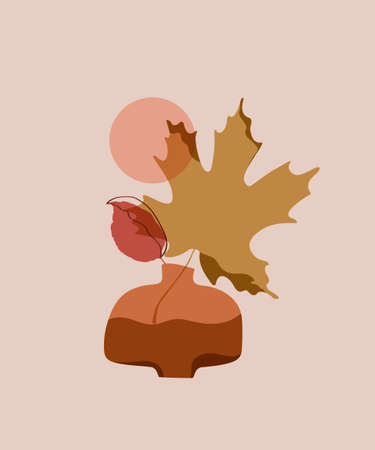 Autumn leaves simple composition. Fall maple leaf in vase minimal art background. Seasonal illustration for creative design, fall concept illustration, social media stories wallpaper. Botanical vectorのイラスト素材