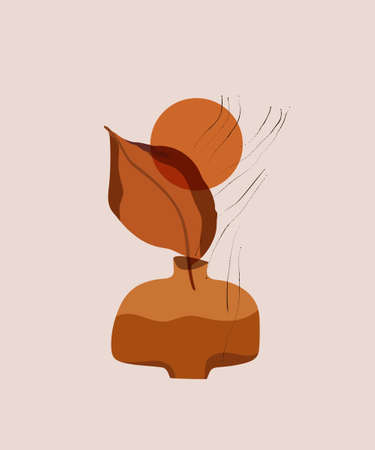 Autumn leaves simple composition. Fall leaf in vase minimal art background. Seasonal illustration for creative design, fall concept illustration, social media stories wallpaper. Botanical vectorのイラスト素材