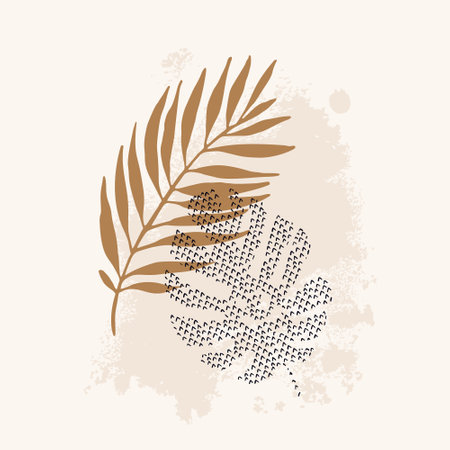 Minimal botanical art concept. Tropical palm and monstera leaves silhouette with rough grunge brushstrokes background. Exotic leaf vector design. Hand drawn line botany illustration in beige colorsのイラスト素材