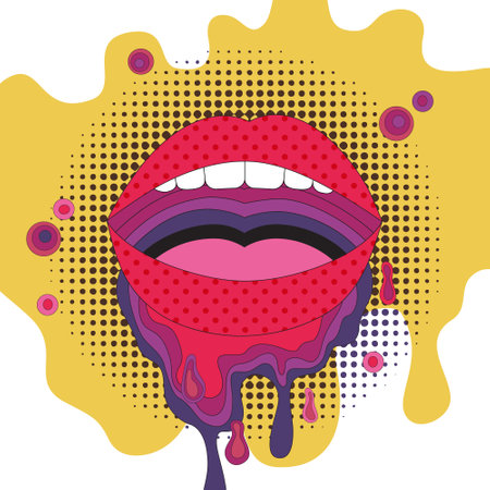 Comic lips background in mixed pop art, psychedelic style. Funky open mouth with teeth, dripping paint, polka dots pattern . Bold vector illustration for fashion, poster, template designのイラスト素材
