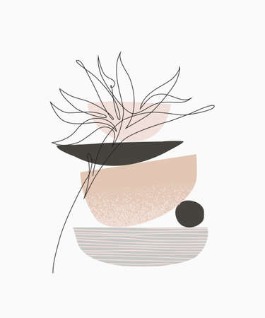 Abstract geometric, natural shapes in nordic style. Modern illustration with tropical one line art flower, geo elements for minimalist print, poster, boho wall decor, flat design Vector minimal designのイラスト素材