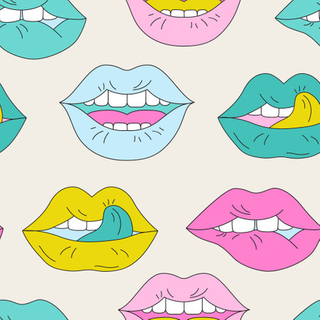 Comic lips background in pop art, psychedelic style. Funky open mouth with teeth, sensual lips, positive emotions seamless pattern. Vector illustration for unusual contemporary design in pastel colorsのイラスト素材