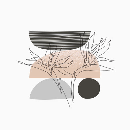 Abstract geometric, natural shapes in nordic style. Modern illustration with tropical one line art flower, geo elements for minimalist print, poster, boho wall decor, flat design Vector minimal designのイラスト素材