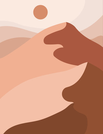 Abstract terracotta sunset desert dunes landscape. Modern boho decor wallpaper. Minimal natural sand landscape for print, home decor, digital art. Vector mid century style illustrationのイラスト素材
