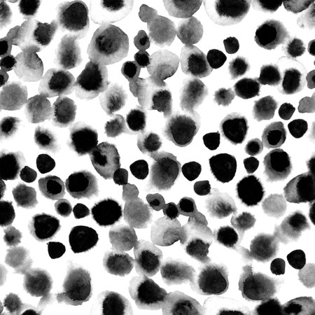 Abstract polka dot background. Watercolor geometric shapes scattered seamless pattern in black and white colors. Hand painted circles illustration for modern surface design, wallpaper, fabric, textileの写真素材