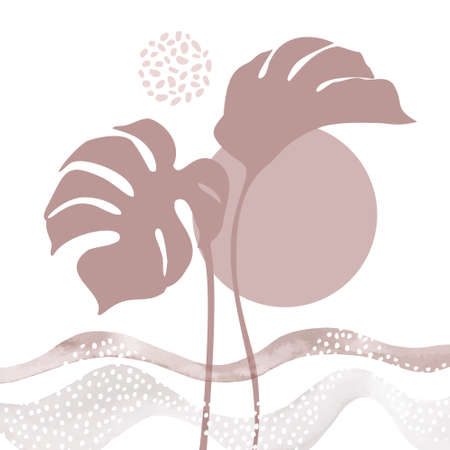 Abstract monstera leaves on watercolor minimal wavy shapes background. Elegant tropical leaf illustration for minimalist print, cover, boho decor, organic poster, pillow case design. Trendy artの写真素材