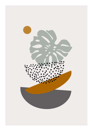 Hand drawn art in modern minimal style. Modern illustration with tropical palm leaf, doodle textures, minimal elements for minimalist print, cover, boho home decor, wallpaper designの写真素材