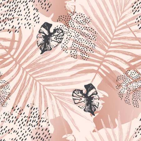 Abstract tropical summer background: fan palm, monstera, palm leaves in silhouette, line art with glossy gradient effect. Exotic seamless pattern. Trendy art illustration in gold rose pink colorの写真素材