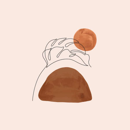 Abstract organic geo watercolor shapes and tropical leaf one line art in gypsy, boho, esoteric style. Hand drawn illustration in trendy earth tones, terracotta colors for modern minimalist art printの写真素材