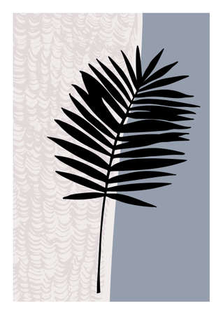Abstract geometric poster in modern mid century style. Minimal illustration with hand drawn textured brush stroke, plant leaf for minimalist print, cover, boho home decor, wallpaper design. Poster artの写真素材