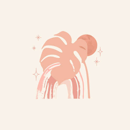 Abstract modern wall art with rainbow, monstera leaf, sun, stars. Simple trendy illustration for modern art print, boho wall decor, Mid century design in pastel rose blush colorsの写真素材