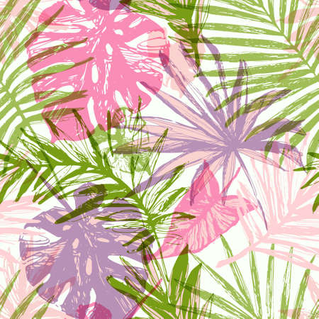Hand drawn grunge textured tropical leaves seamless pattern. Tropical leaf silhouette elements background. Palm, fan palm, monstera, banana leaf in grunge retro style. Line art illustrationの写真素材