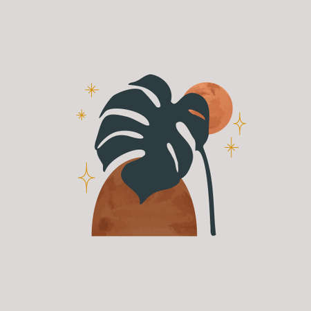 Abstract organic geo watercolor shapes and tropical leaf one line art in gypsy, boho, esoteric style. Hand drawn illustration in trendy earth tones, terracotta colors for modern minimalist art printの写真素材