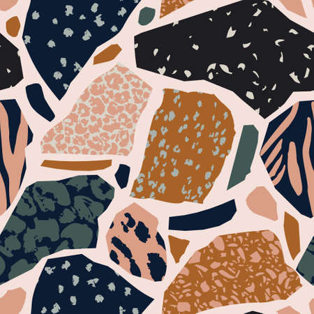 Unusual cut outs with animal skin seamless pattern. Leopard`s spotted fur texture and geometric shapes background in cool nordic colors. Trendy geo illustration for surface wrapping, fabric designの写真素材