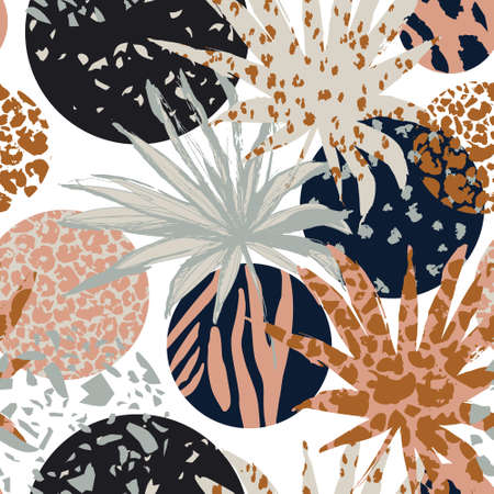 Abstract palm leaves filled with animal print. Modern trendy tropical geometric seamless pattern. Exotic foliage background with rough texture for textile, fabric, print designのイラスト素材