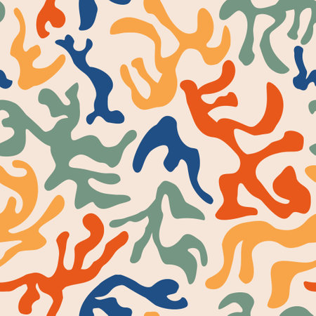 Abstract organic shapes camouflage seamless pattern. Contemporary cut outs matisse inspired, doodle geometric camo elements, forms.のイラスト素材