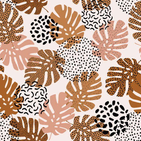 Abstract exotic leaves seamless pattern. Hand drawn tropical summer background: monstera leaf silhouettes with squiggles, dots, geometric minimal shapes. Vector art illustration in modern trendy colorのイラスト素材