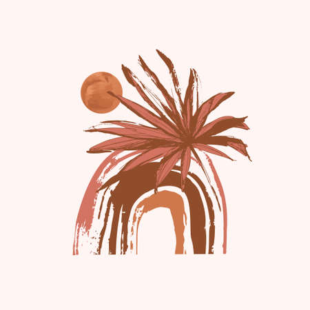 Abstract grunge palm leaf, sun, rainbow composition. Geometric modern background for trendy art print, boho wall decor, Mid century, minimalistic simple design. Vector minimal artのイラスト素材