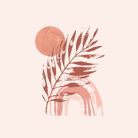 Abstract grunge palm leaf, sun, rainbow composition. Geometric modern background for trendy art print, boho wall decor, Mid century, minimalistic simple design. Vector minimal artのイラスト素材
