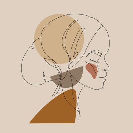 Black woman afro portrait with geometric shapes background. Female profile continuous line art. Black beauty concept. Vector abstract person Illustration for avatars, fashion, contemporary wall designのイラスト素材