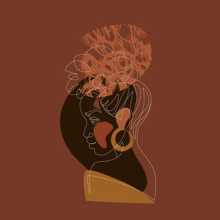 Black woman afro portrait with geometric shapes background. Female profile continuous line art. Black beauty concept.のイラスト素材