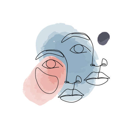 Abstract young woman vector logo design in simple minimal line art style. Female face on watercolor abstract geo shapes background. Pretty portrait illustration with geometric organic shapesのイラスト素材