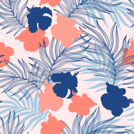 Beautiful hibiscus flowers and palm leaves on the pastel colored background. Tropical jungle vector seamless pattern. Tropic paradise illustration for summer design, beach swimwear textile, fabric.のイラスト素材