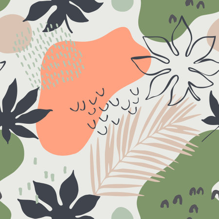 Abstract seamless pattern: tropic leaves silhouettes and line art, organic geometric shapes, doodle textures in minimal style. Vector for print, textile, fabric, wallpaper design, summer backgroundのイラスト素材