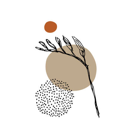 Botanical wall art with abstract geometric shape, meadow foliage line art drawing, minimal doodles. Contemporary poster for minimal print, boho wall decor, flat design Vector minimal artのイラスト素材