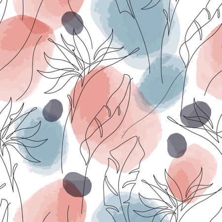 Abstract minimal tropical leaf, flower in one line drawing, watercolor shapes seamless pattern. Modern vector illustration. Simple botanical background for covers, posters, templates, prints, designのイラスト素材
