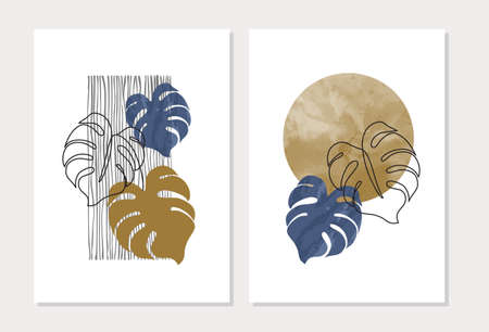 Abstract geometric shapes, monstera plant poster set in mid century style. Modern illustration: tropical leaves, geo elements for print, poster, boho wall decor, flat design Vector minimal artのイラスト素材