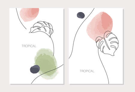 Abstract minimal monstera leaves in one line drawing, watercolor shapes, posters set. Modern vector illustration with continuous line art design. Simple botanical concept for covers, templates, printsのイラスト素材