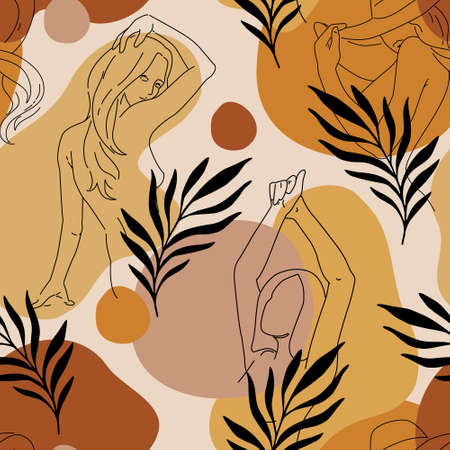 Continuous line women seamless pattern. Modern abstract female silhouettes on tropical leaves, geometric shapes background. Vector fashion drawing in one line minimal styleのイラスト素材
