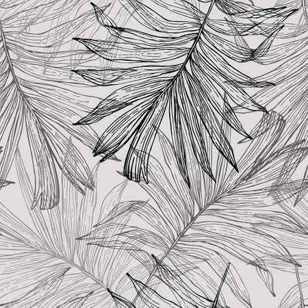Lush tropics foliage background. Tropical seamless pattern: line sketch palm leaves silhouettes. Jungle vector art. Hand drawn exotic illustration for summer design, beach swimwear, fabric, wallpaperのイラスト素材