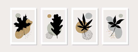 Botanical wall art vector set with abstract geometric shapes, autumn tree leaves silhouette, minimal...